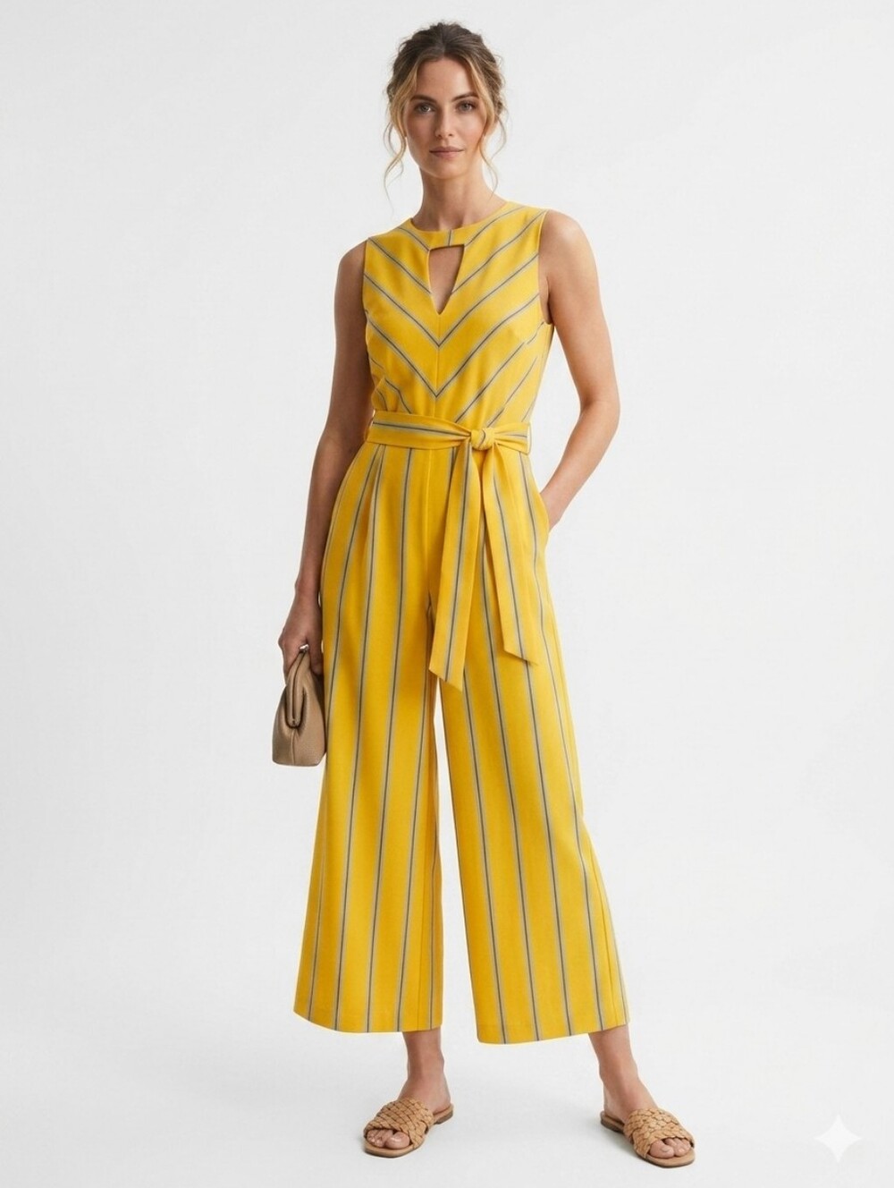 #136 New York & Company Yellow Striped Wide-Leg Jumpsuit P2p18 W15 L46